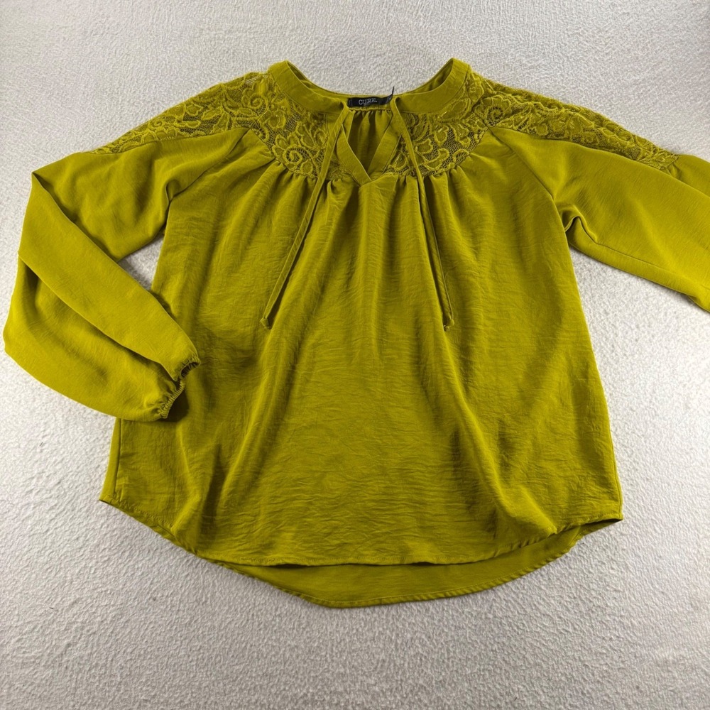 CURE. Blouse Womens L Chartreuse Lace Yoke V-Neck Tie Festive Airy Cottagecore